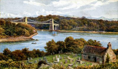 Postcard of colour painting of Menai suspension bridge taken from and including church island. 